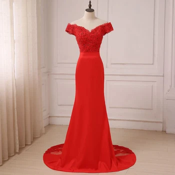 Jiayigong Красное Вечернее Платье Robe De Soiree, Дешевое, С открытыми Плечами, V-образный вырез, Бисерная Аппликация, Длинные Вечерние Платья Русалки
